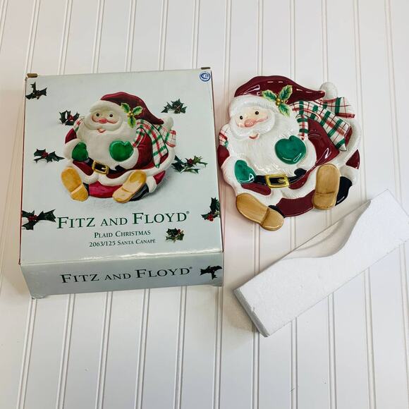 Fitz and Floyd Plaid Christmas Santa Canape Plate - Picture 2 of 7